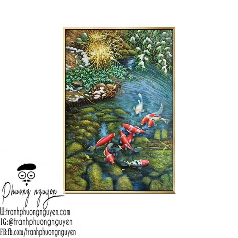 tranh sơn dầu phong cảnh cá chép bơi trong nước