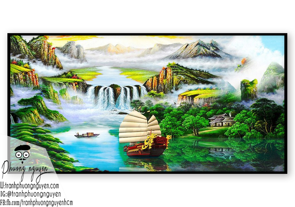 Tranh vẽ phong cảnh con thuyền to trên sông