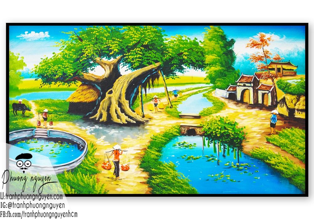 tranh vẽ quê hương làng quê việt nam cùng cây đa