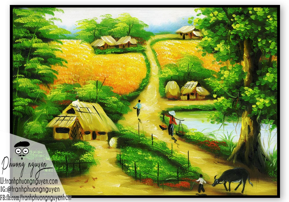 tranh vẽ cánh đồng quê nhà việt nam