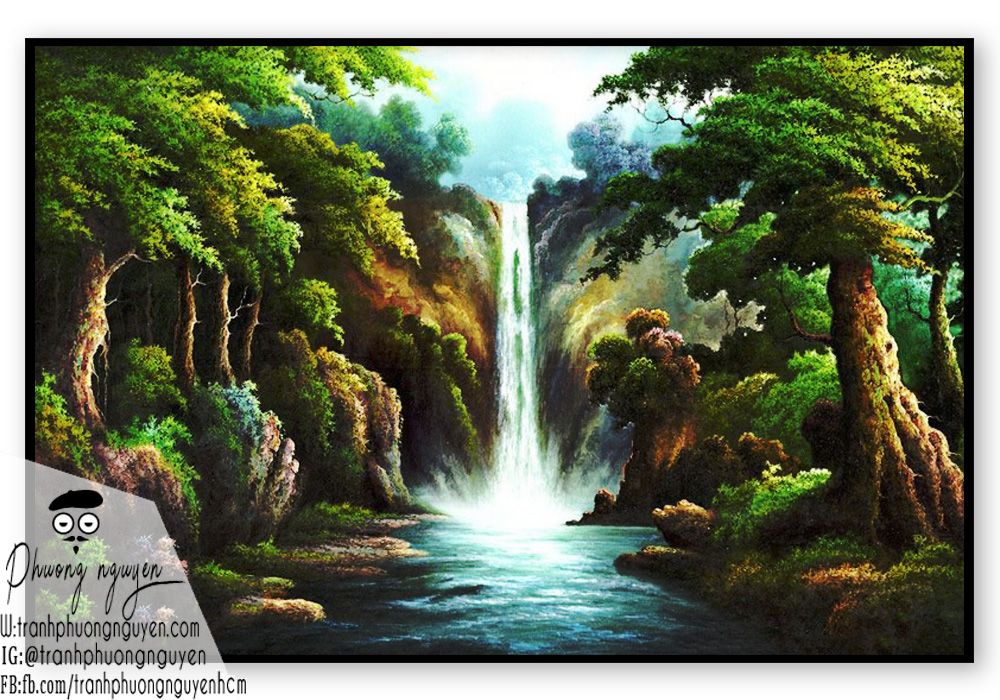 Tranh vẽ phong cảnh rừng và thác nước