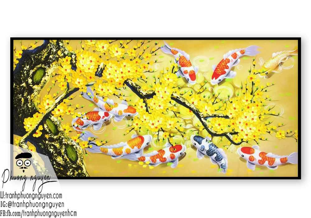Tranh Phong thủy hoa mai vàng cá chép treo ngày tết
