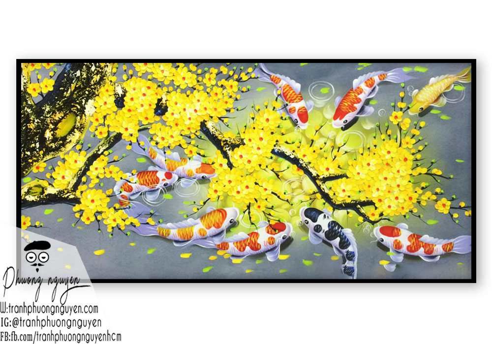 Tranh Phong thủy hoa mai vàng cá chép treo ngày tết vàng