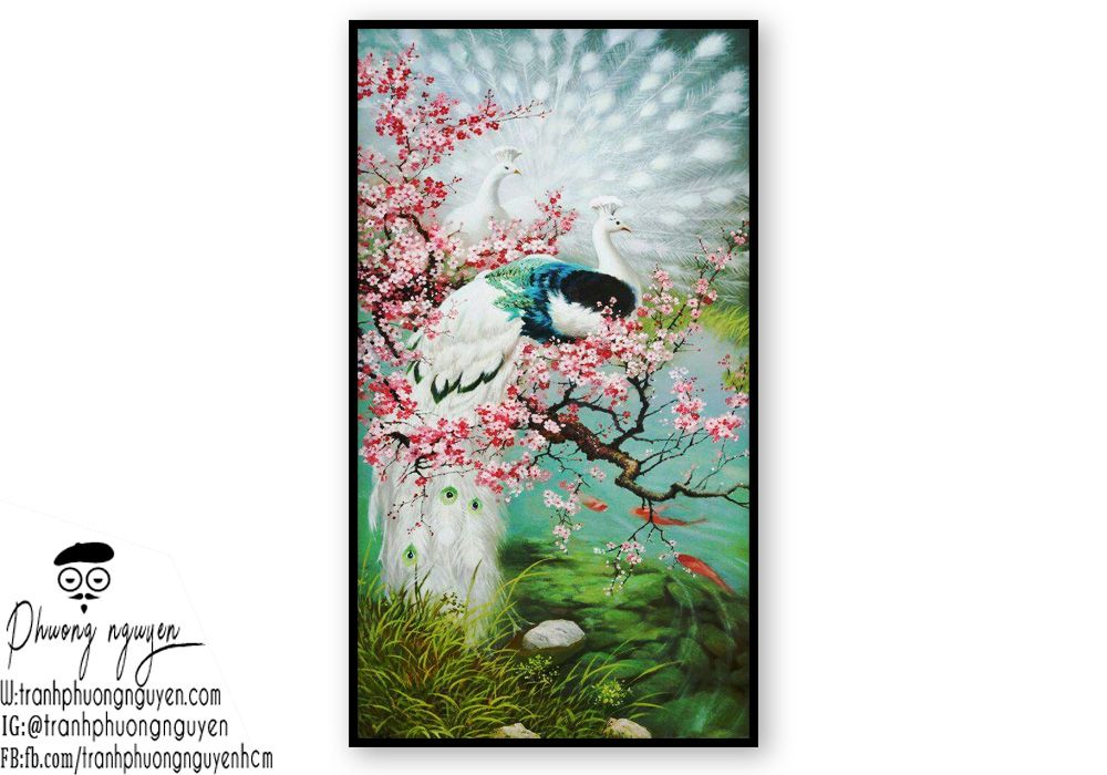 Tranh vẽ phong thủy đôi chim cùng cây hoa anh đào